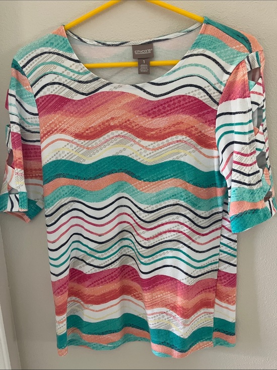 Chico's Tops - Chico's Teal, Coral, Pink & White Wave-Print Short Sleeve Top
